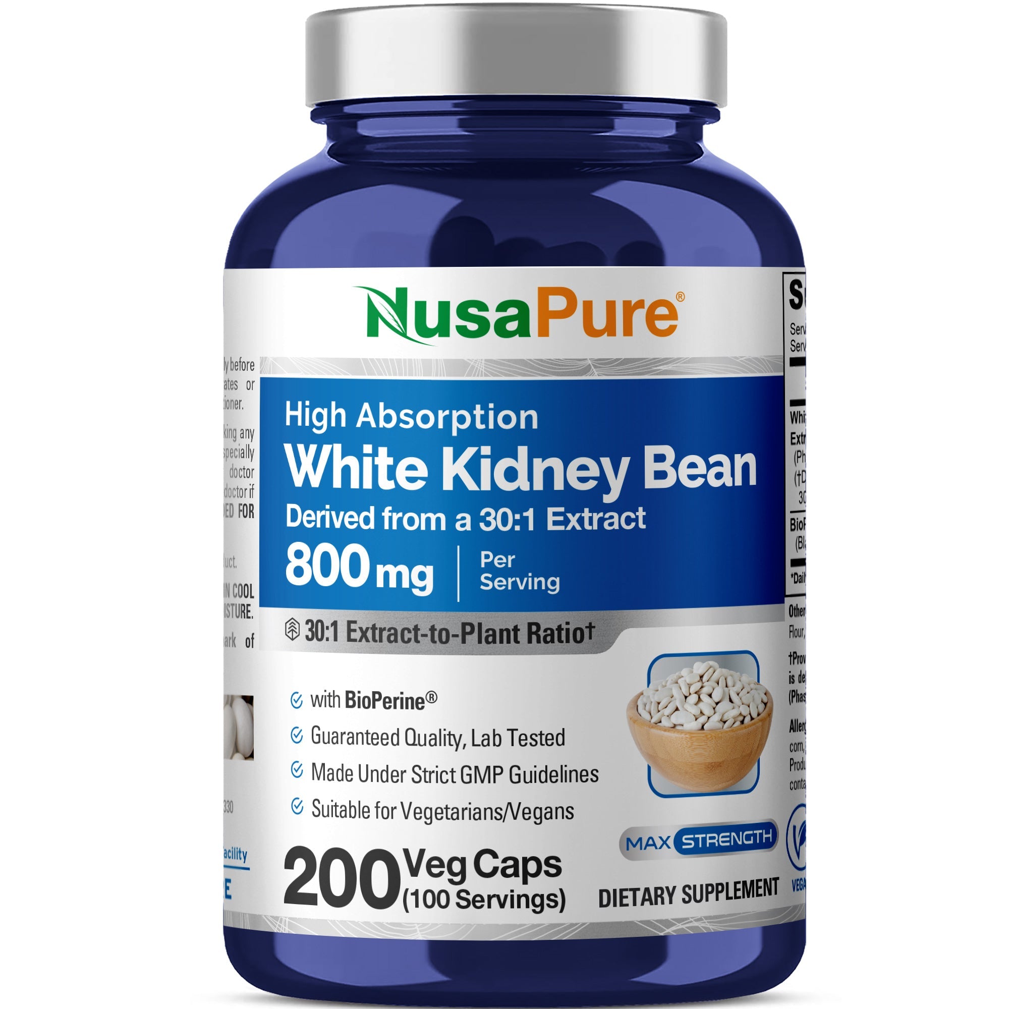 NusaPure White Kidney Beans 30:1 Extract, 800 mg 200 Vegan Capsules - Bioperine - (Vegan, Non-GMO)