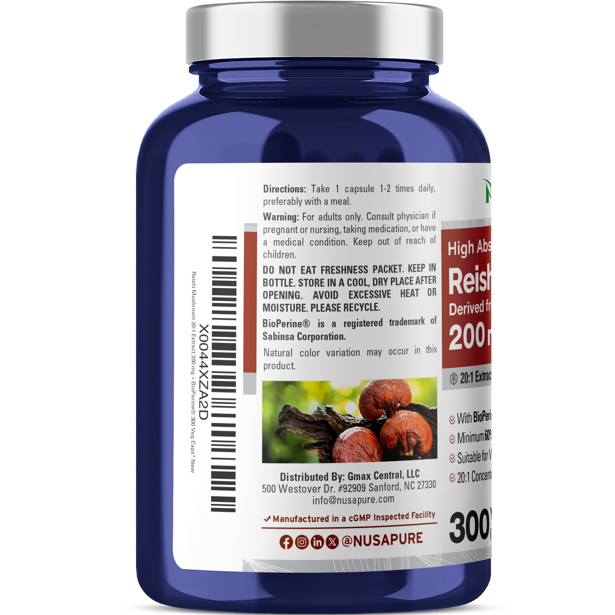 Blue supplement bottle with label on a white background