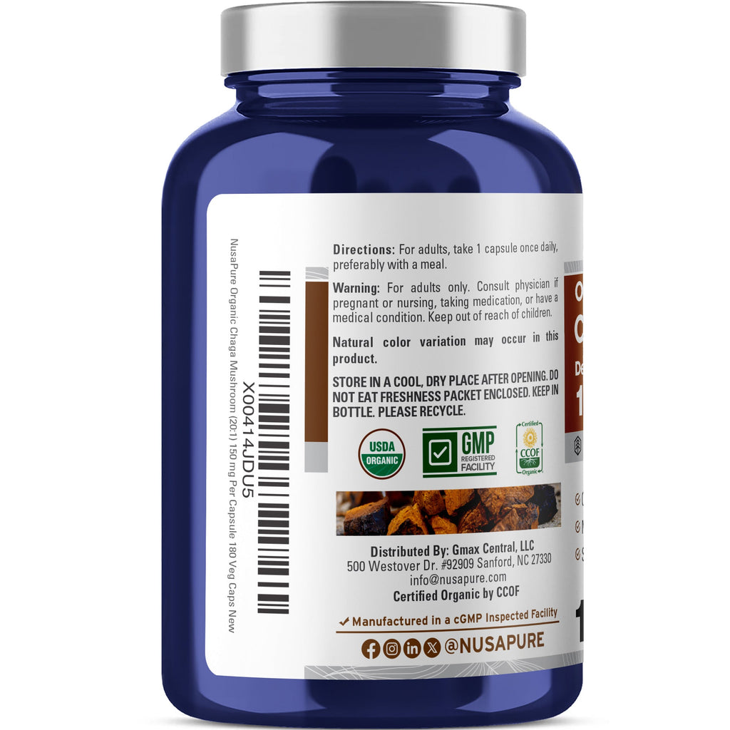 NusaPure Chaga Mushroom 20:1 Extract, 150 mg per Veggie Capsule, 180 Count, USDA Organic, Vegan, Non-GMO
