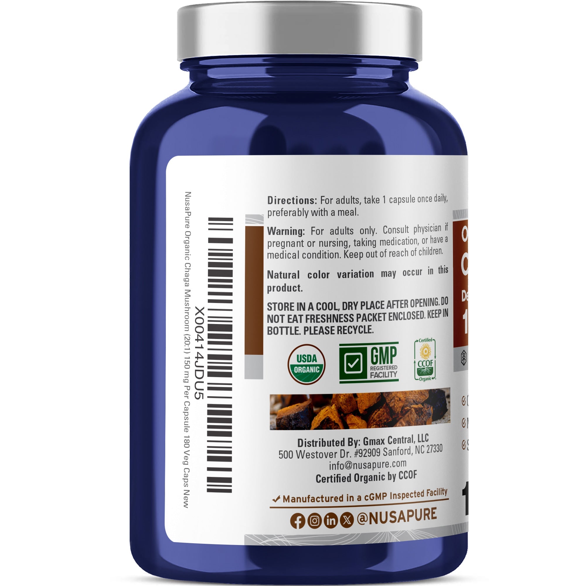 NusaPure Chaga Mushroom 20:1 Extract, 150 mg per Veggie Capsule, 180 Count, USDA Organic, Vegan, Non-GMO