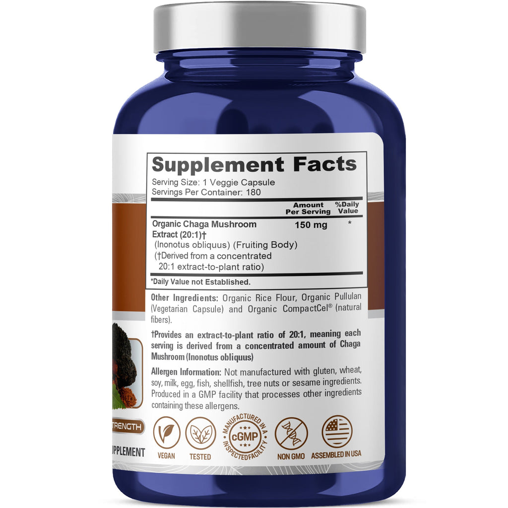 NusaPure Chaga Mushroom 20:1 Extract, 150 mg per Veggie Capsule, 180 Count, USDA Organic, Vegan, Non-GMO