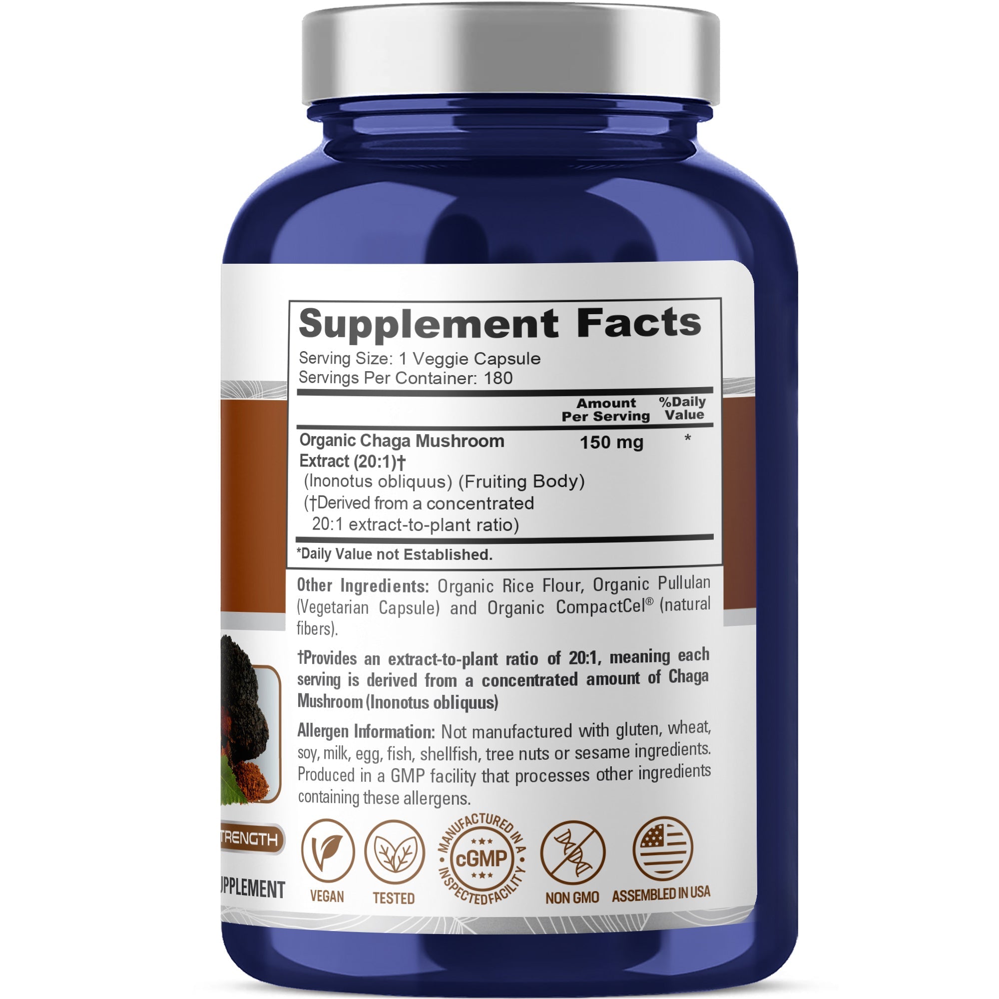 NusaPure Chaga Mushroom 20:1 Extract, 150 mg per Veggie Capsule, 180 Count, USDA Organic, Vegan, Non-GMO