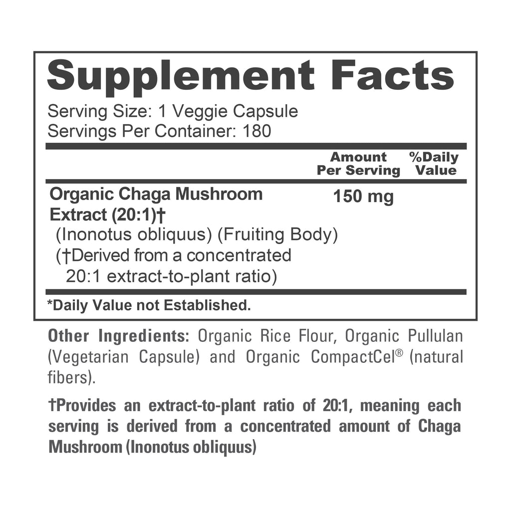 NusaPure Chaga Mushroom 20:1 Extract, 150 mg per Veggie Capsule, 180 Count, USDA Organic, Vegan, Non-GMO