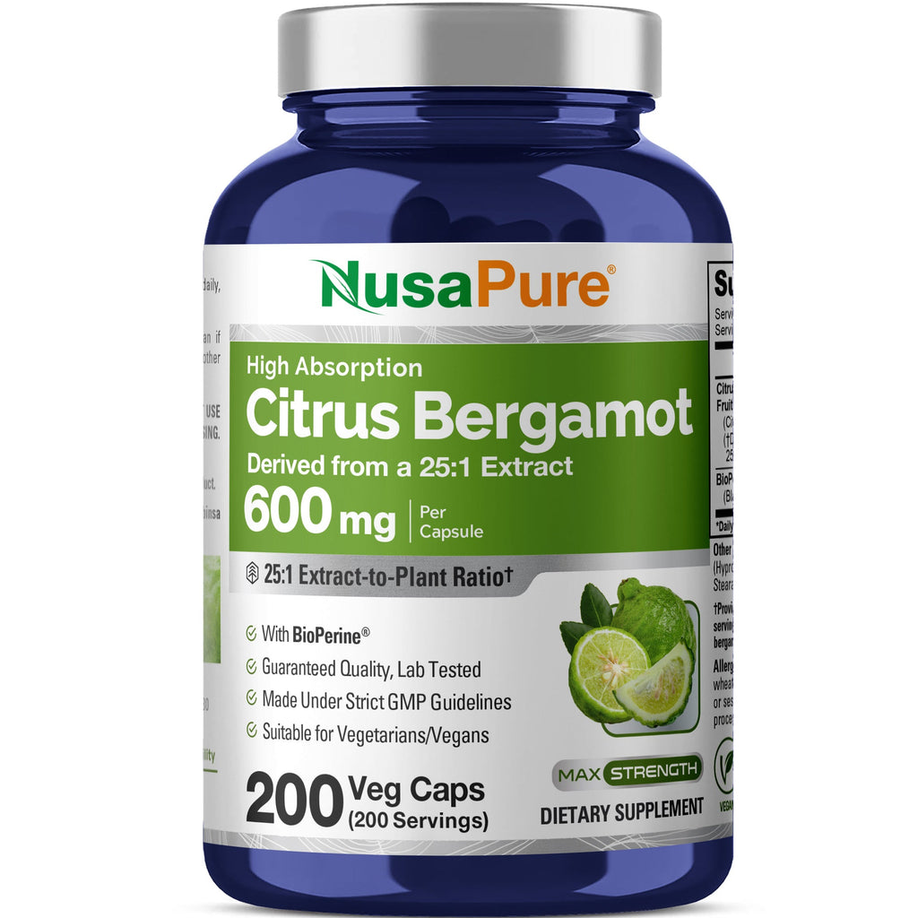 NusaPure Citrus Bergamot Capsules 600mg, 200 Capsules - 25:1 Bergamot Extract - 200 Servings, Bioperine, Vegan, Non-GMO