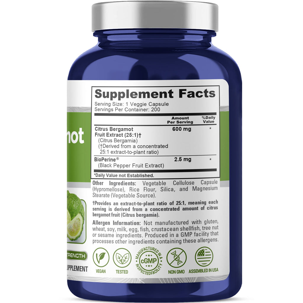 NusaPure Citrus Bergamot Capsules 600mg, 200 Capsules - 25:1 Bergamot Extract - 200 Servings, Bioperine, Vegan, Non-GMO