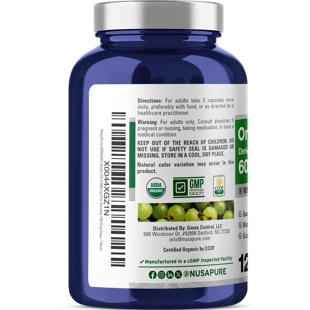NusaPure Organic Amla Capsules 10:1 Extract, 600 mg | 120 Count | Amalaki Fruit | USDA, Vegan, Non-GMO Supplement