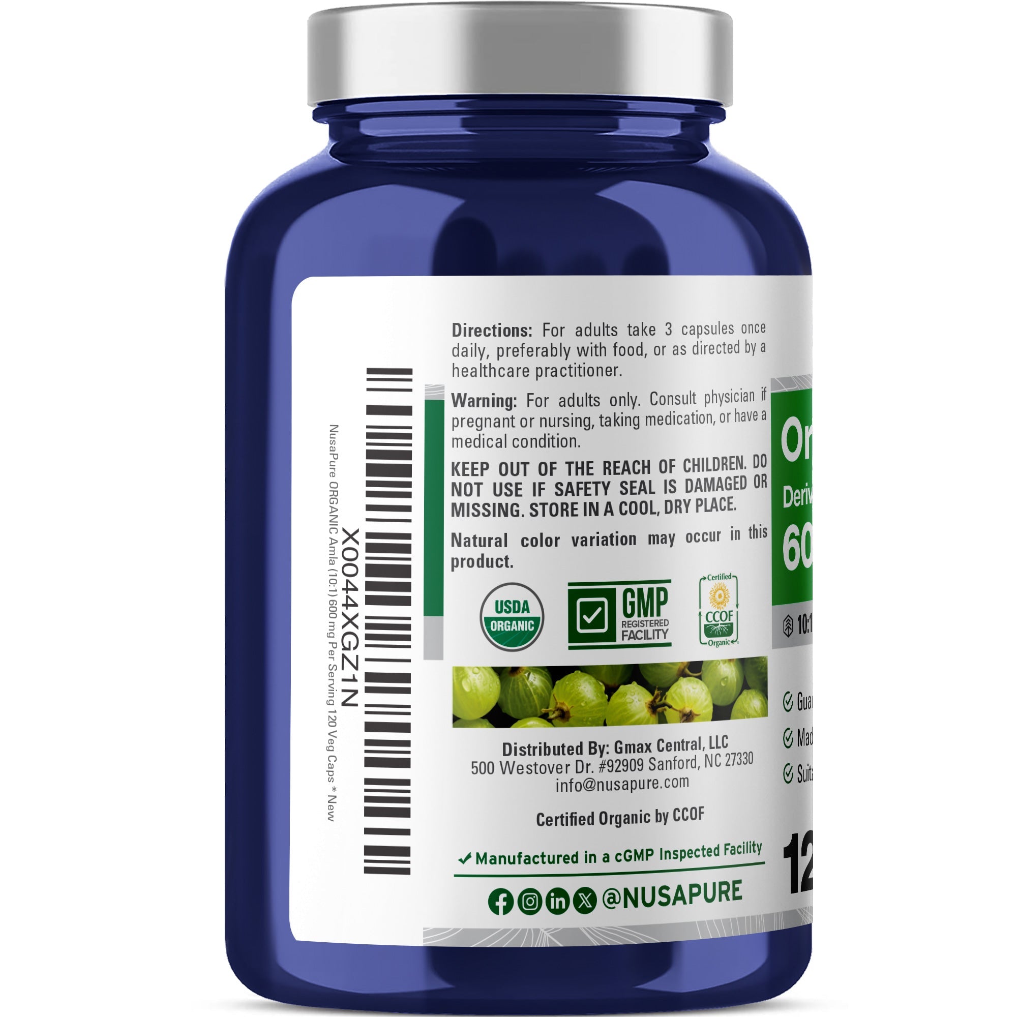 NusaPure Organic Amla Capsules 10:1 Extract, 600 mg | 120 Count | Amalaki Fruit | USDA, Vegan, Non-GMO Supplement