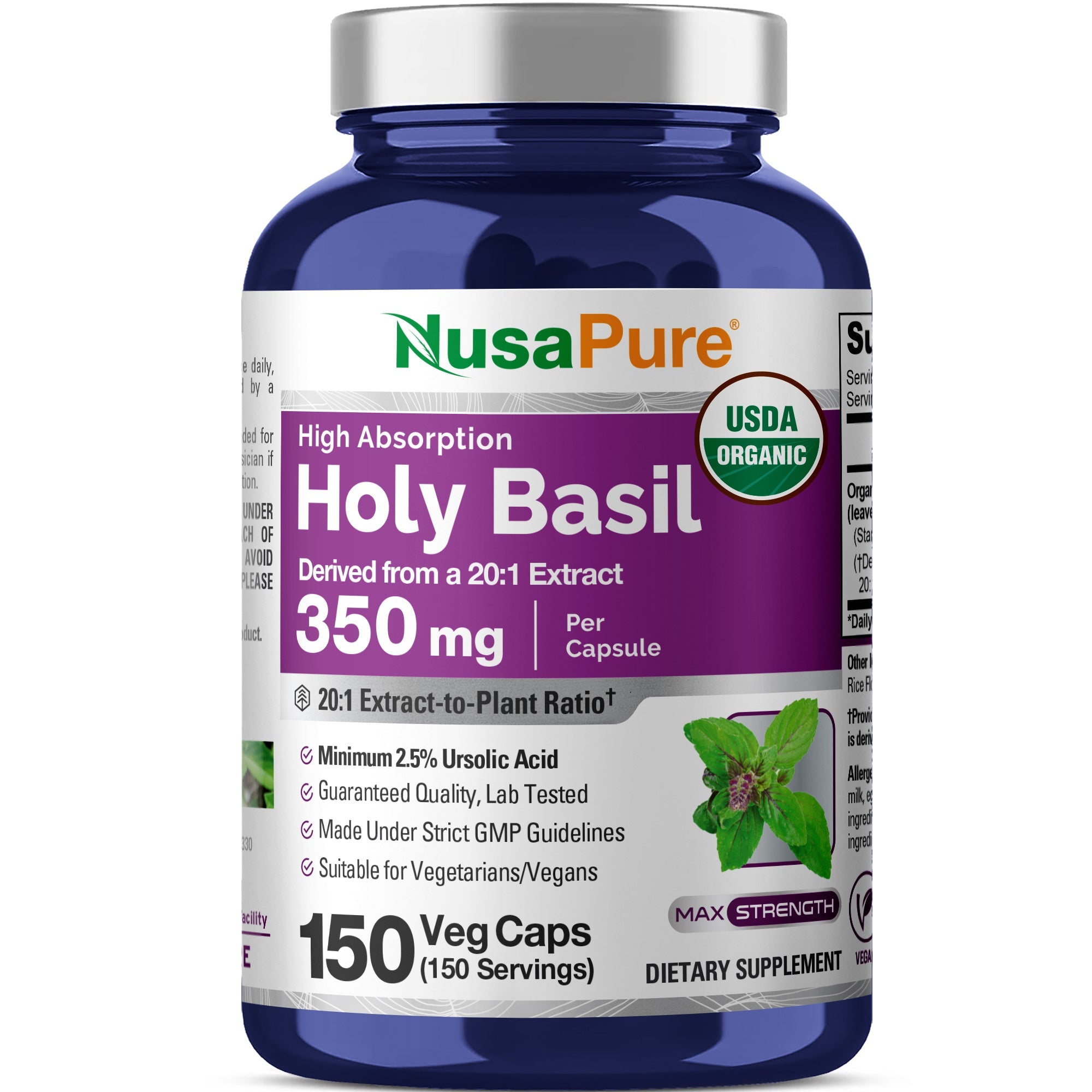 NusaPure USDA Organic Holy Basil Capsules 20:1 Extract, 350 mg 150 Vegan Caps Tulsi Holy Basil Leaf Extract 2.5% Ursolic Acid Non-GMO