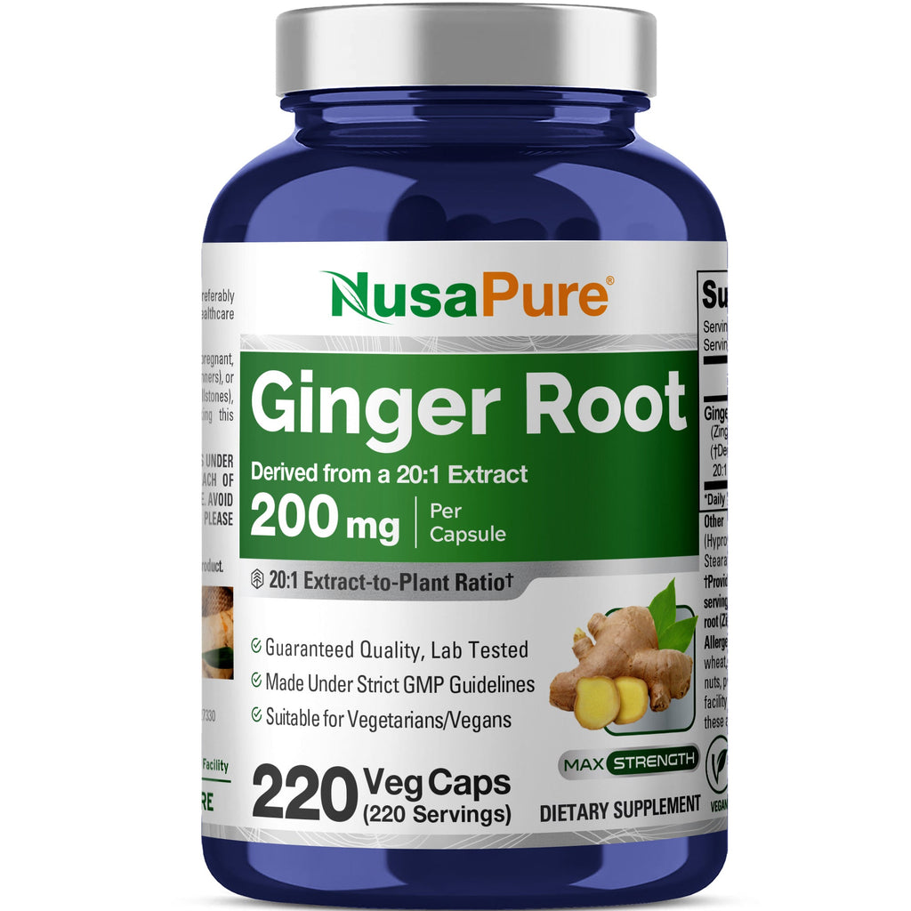NusaPure Ginger Root Capsules 20:1 Extract, 200 mg per Veggie Caps | 220 Count | Non-GMO