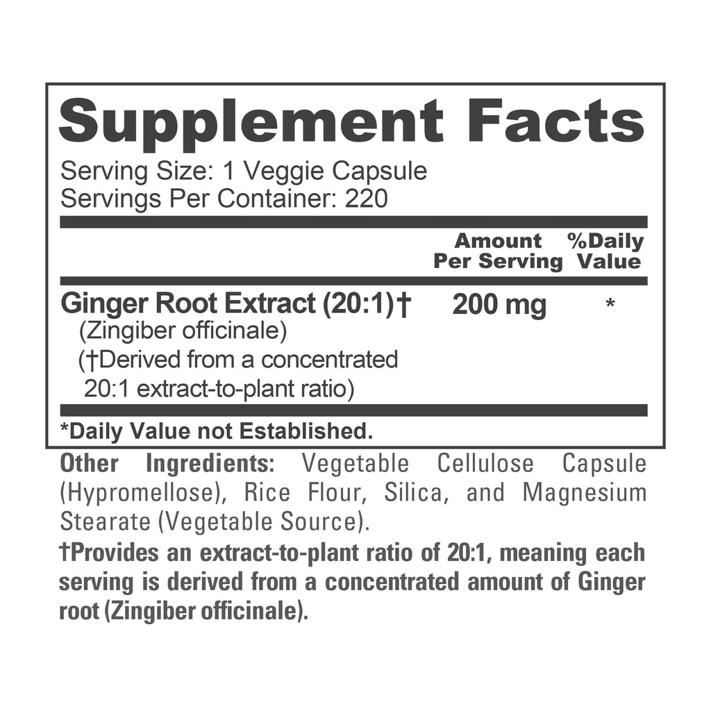 NusaPure Ginger Root Capsules 20:1 Extract, 200 mg per Veggie Caps | 220 Count | Non-GMO
