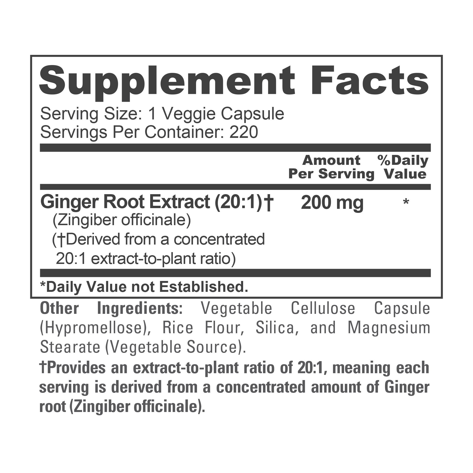 NusaPure Ginger Root Capsules 20:1 Extract, 200 mg per Veggie Caps | 220 Count | Non-GMO