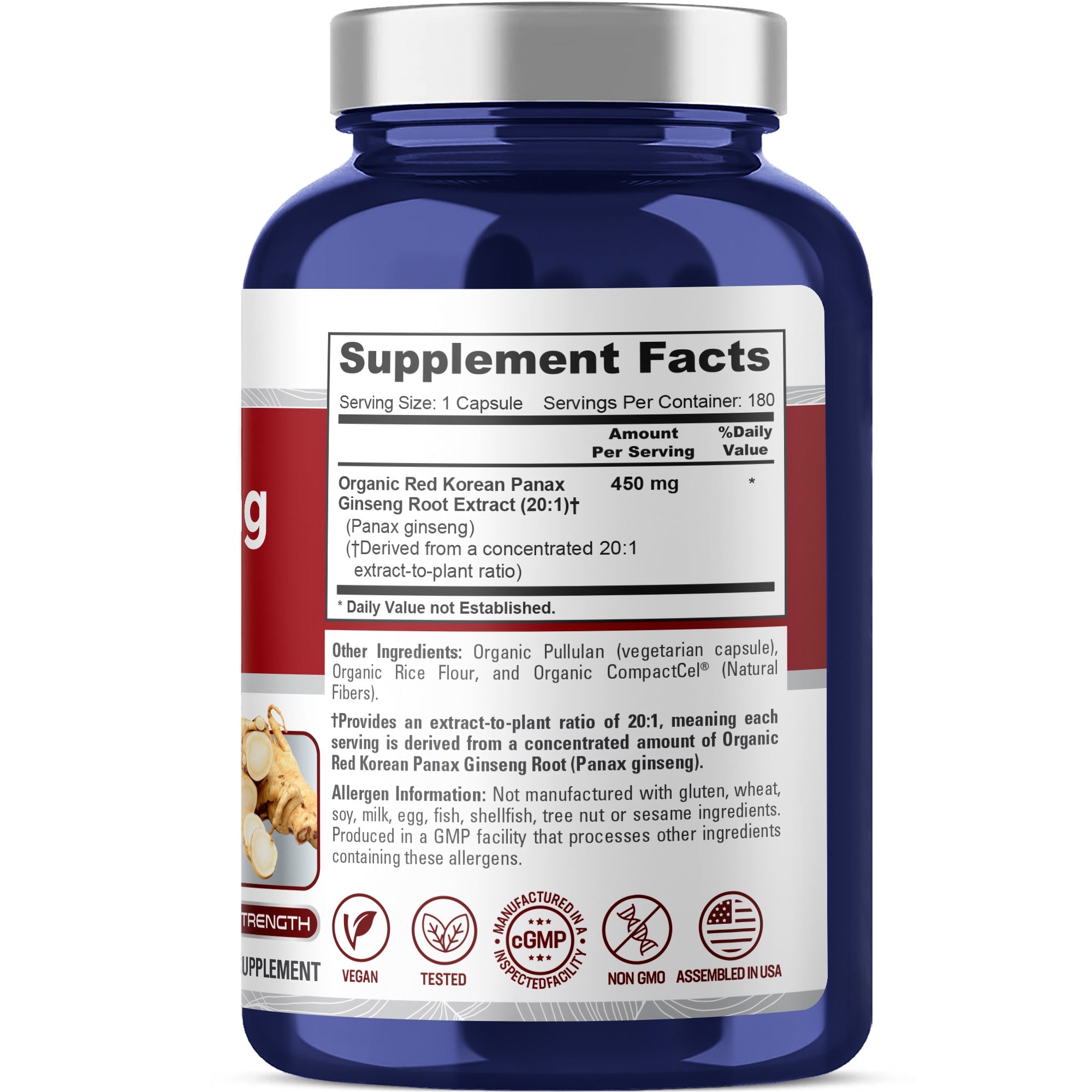 Red Korean Panax Ginseng, Non-GMO, Vegan, 450mg, 180 Vcaps - 180 Servings