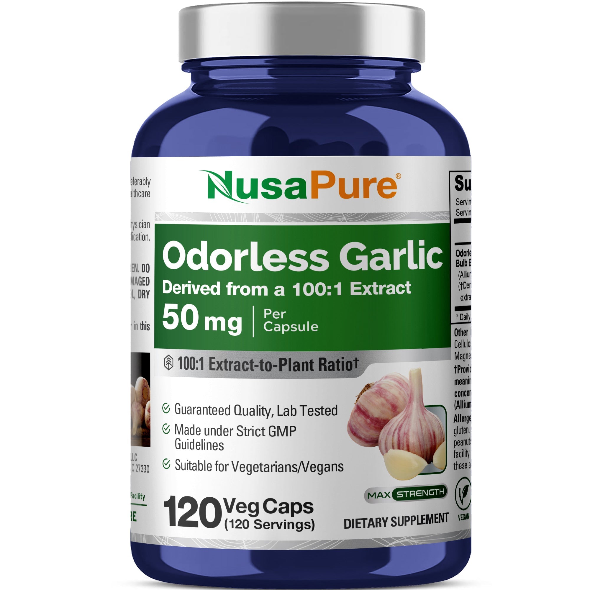 NusaPure Odorless Garlic 100:1 Extract, 50 mg Capsule | 120 Veggie Caps | High Potency | Herbal Supplement | Non-GMO
