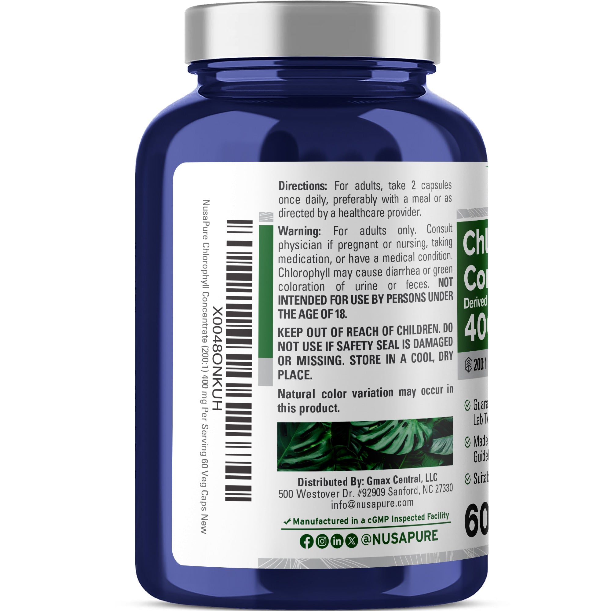 NusaPure Chlorophyll 200:1 Extract, 400 mg 60 Veggie Caps, Non-GMO, Vegan, Sodium Copper Chlorophyllin
