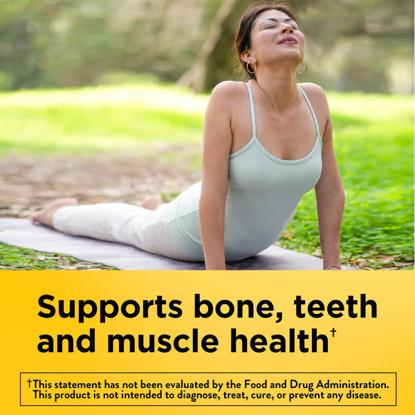 Woman practicing yoga outdoors with a health benefits text overlay. Nature Made Vitamin D3 2000 IU (50 mcg) Tablets