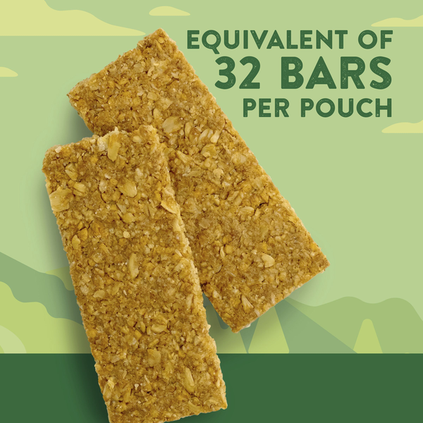 Nature Valley Crunchy Oats & Honey crunchy granola bars with text stating Equivalent of 32 Bars Per Pouch on a light green background.