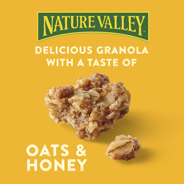 Nature Valley Crunchy Oats & Honey granola clusters on a golden yellow background with the Nature Valley logo and Oats & Honey flavor text.