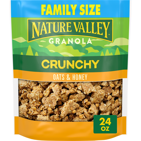 Nature Valley Crunchy Oats & Honey Family Size Crunchy Granola, 24 oz resealable bag front packaging with oats and honey flavor and clear window showing granola clusters.