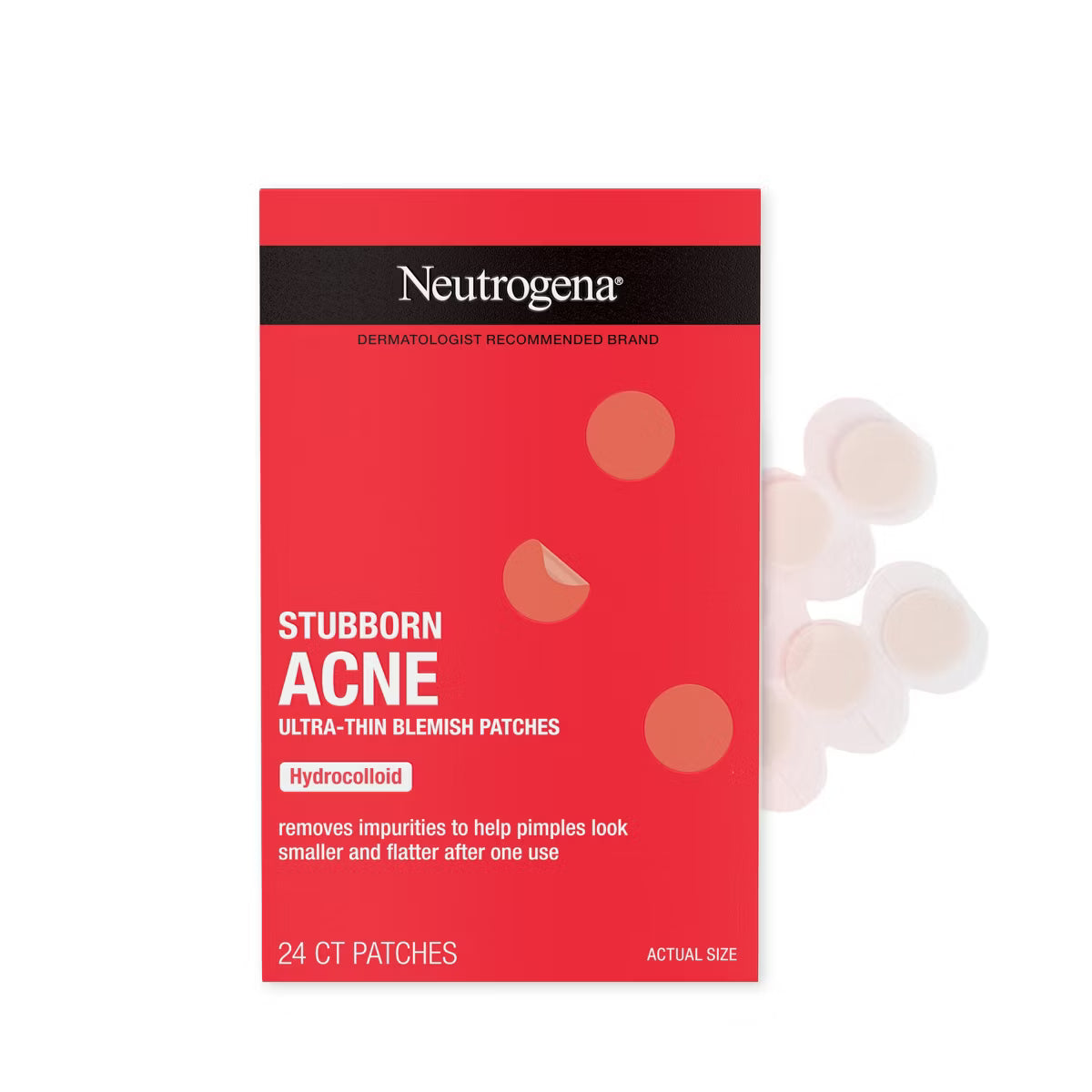 Neutrogena Stubborn Acne Hydrocolloid blemish patch box in red packaging with several translucent pinkish blemish patches visible on the right, on a white background. Ultra-Thin blemish patches Hydrocolloid: removes impurities to help pimples look smaller and flatter after one use. 24 CT patches. Dermatologist recommended brand.