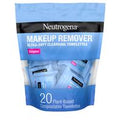 Neutrogena makeup remover towelettes packaging with 20 count on a white background. Neutrogena Cleansing Makeup Remover Wipes, Individually Wrapped