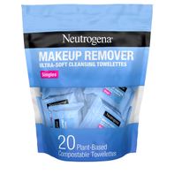 Neutrogena makeup remover towelettes packaging with 20 count on a white background. Neutrogena Cleansing Makeup Remover Wipes, Individually Wrapped