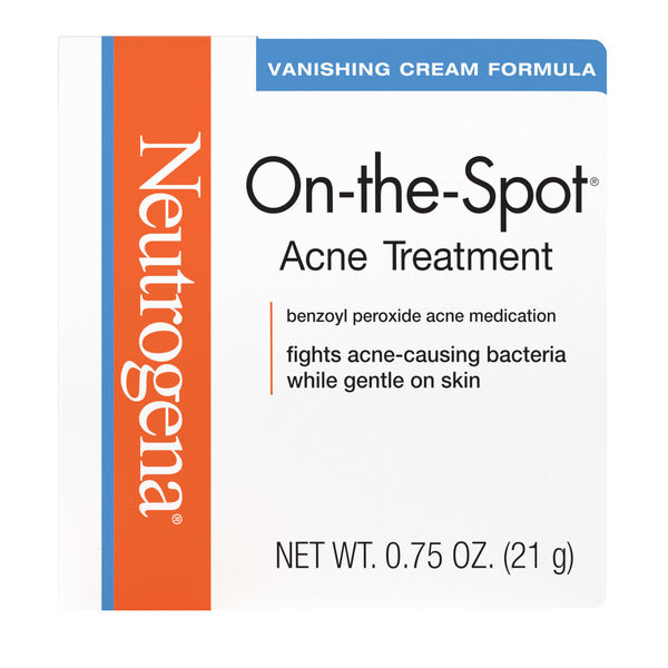 Neutrogena On-The-Spot Acne Treatment box showing 0.75 oz benzoyl peroxide acne medication in a vanishing cream formula that fights acne-causing bacteria while remaining gentle on skin.