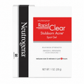 Neutrogena RapidClear Stubborn Acne Spot Gel in a white box with a prominent red label and black vertical stripe on the spine. Maximum Strength Benzoyl Peroxide Acne Medicine. 1 oz tube