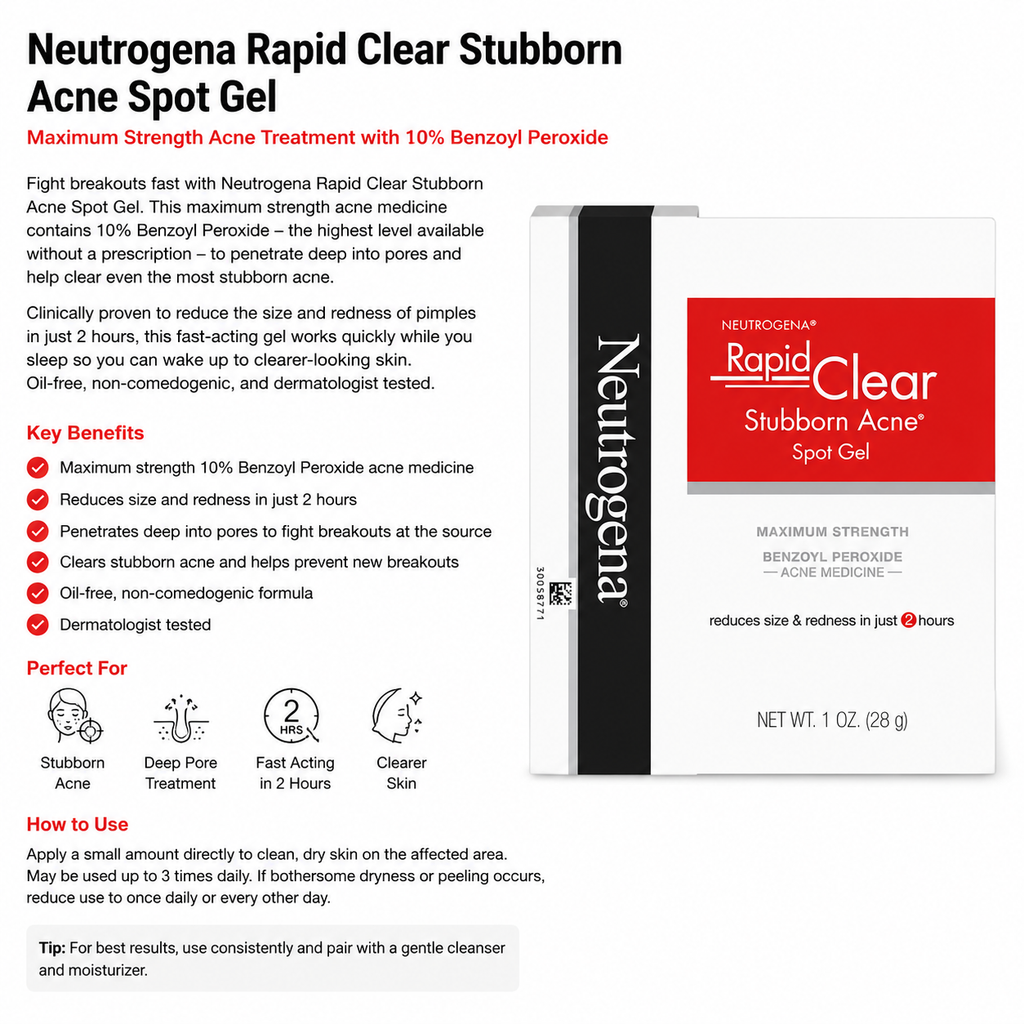Neutrogena Rapid Clear Stubborn Acne Spot Gel product packaging on a white background with black text and red accents. The box shows the Neutrogena brand name and product details for a 1 oz acne gel.