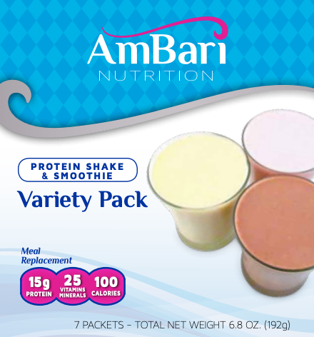 AmBari Nutrition protein shake and smoothie variety pack on a blue and white background