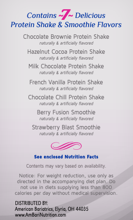 Back panel of the AmBari Nutrition 15g Protein Shake Variety Pack displaying the seven included flavors: Chocolate Brownie Protein Shake, Hazelnut Cocoa Protein Shake, Milk Chocolate Protein Shake, French Vanilla Protein Shake, Chocolate Chill Protein Shake, Berry Fusion Smoothie, and Strawberry Blast Smoothie, with preparation instructions and nutrition information on a white background.