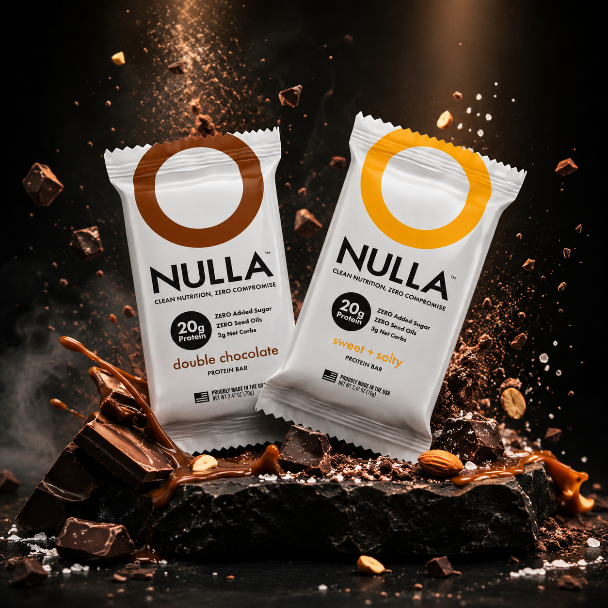 Two NULLA protein bar packages with chocolate and caramel elements on a dark background
