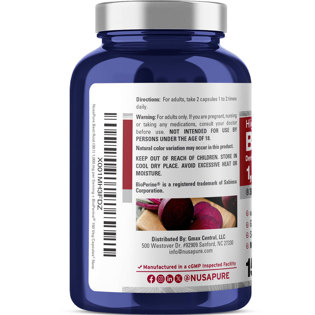 NusaPure Beet Root 30:1 Extract, 1000mg 150 Veggie caps (Vegan, Non-GMO & Vegan 4% Nitrates) Bioperine