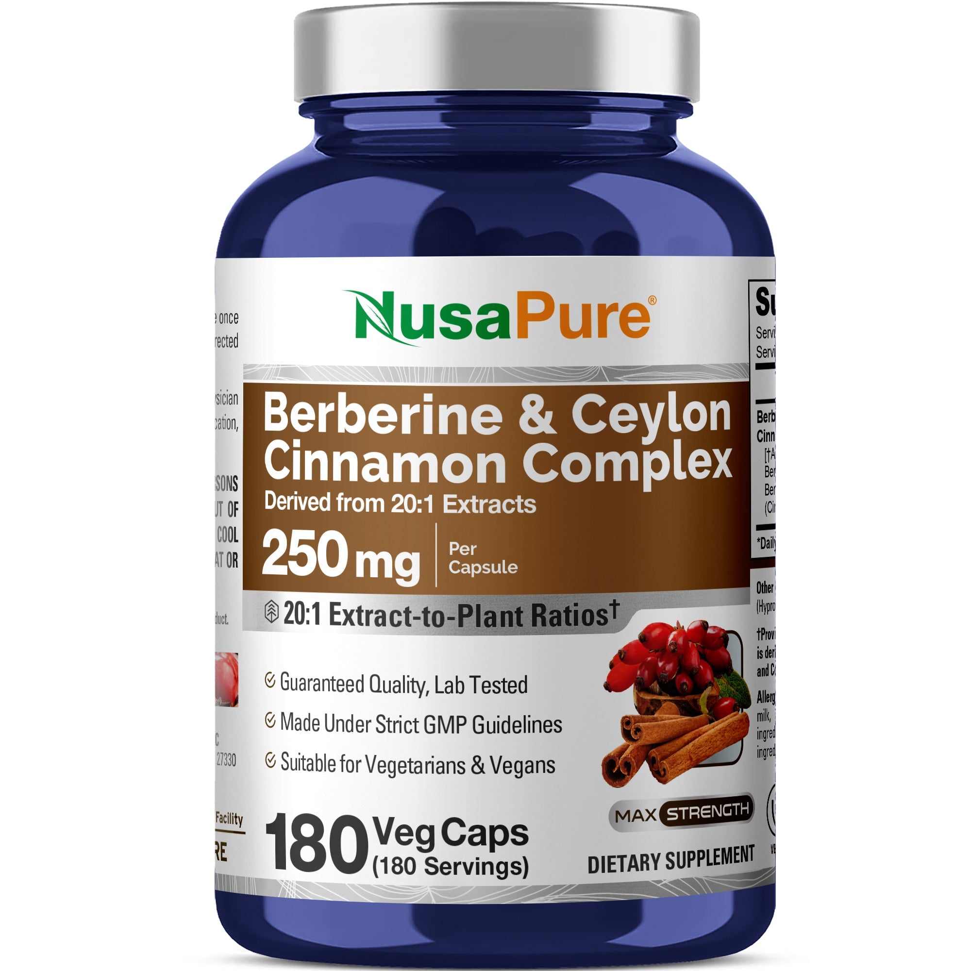 NusaPure Berberine with Ceylon Cinnamon 20:1 Extract, 250 mg 180 Veggie Capsules, Vegetarian, Non-GMO Supplement, (Berberine Complex)