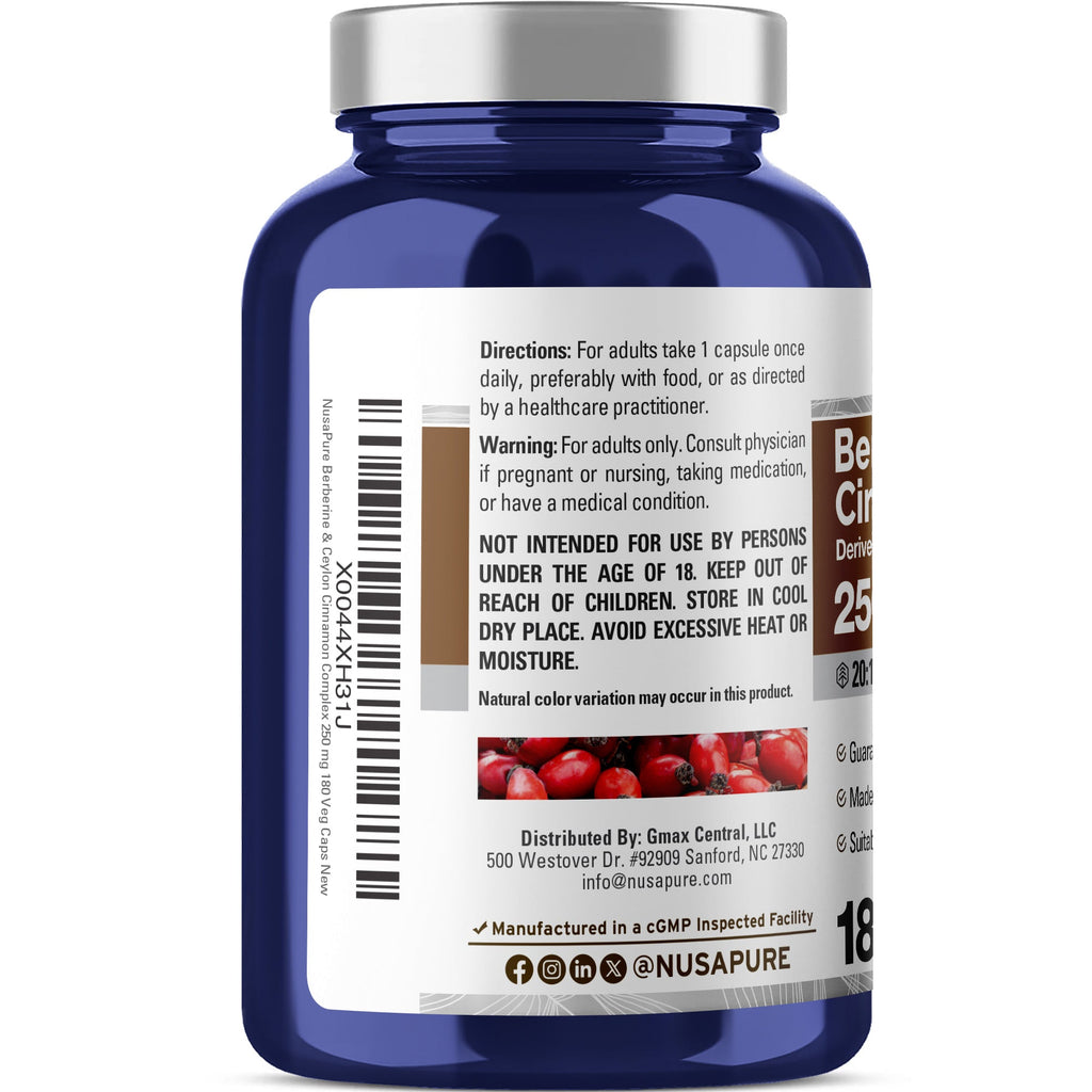 NusaPure Berberine with Ceylon Cinnamon 20:1 Extract, 250 mg 180 Veggie Capsules, Vegetarian, Non-GMO Supplement, (Berberine Complex)
