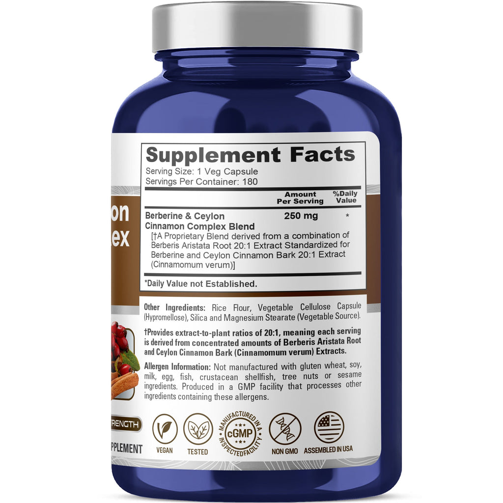 NusaPure Berberine with Ceylon Cinnamon 20:1 Extract, 250 mg 180 Veggie Capsules, Vegetarian, Non-GMO Supplement, (Berberine Complex)