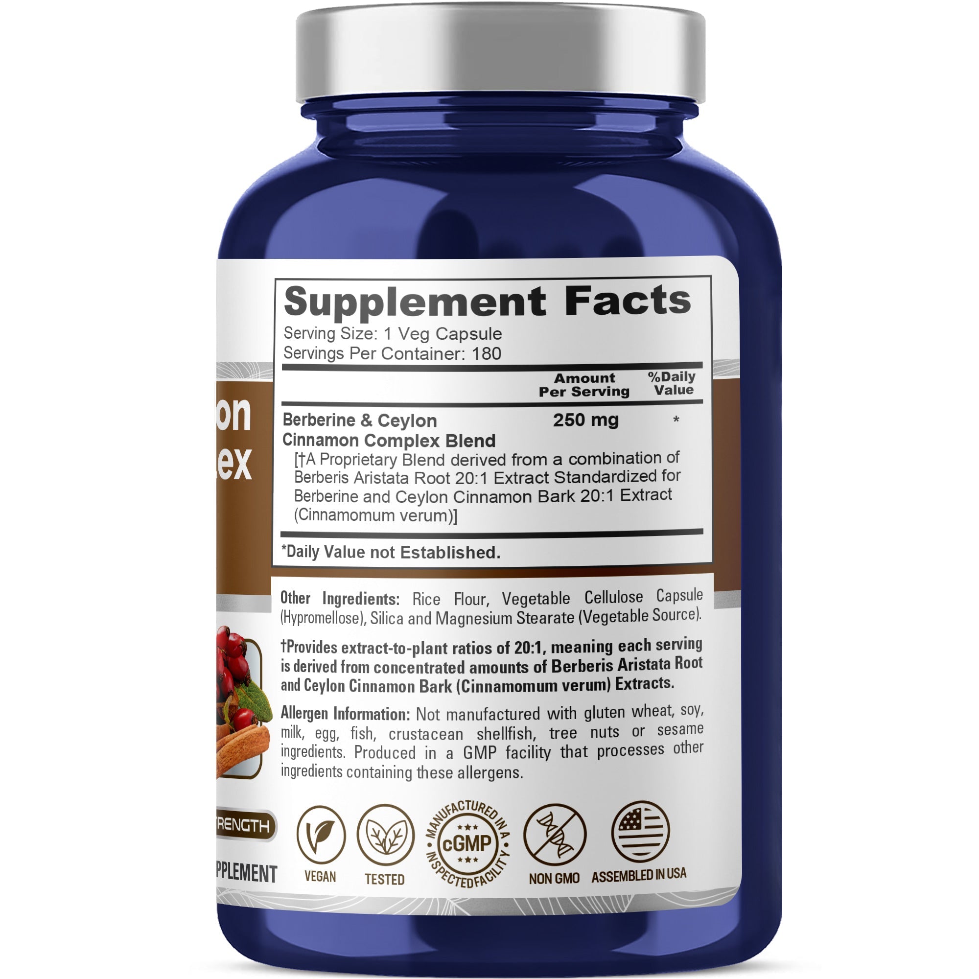 NusaPure Berberine with Ceylon Cinnamon 20:1 Extract, 250 mg 180 Veggie Capsules, Vegetarian, Non-GMO Supplement, (Berberine Complex)