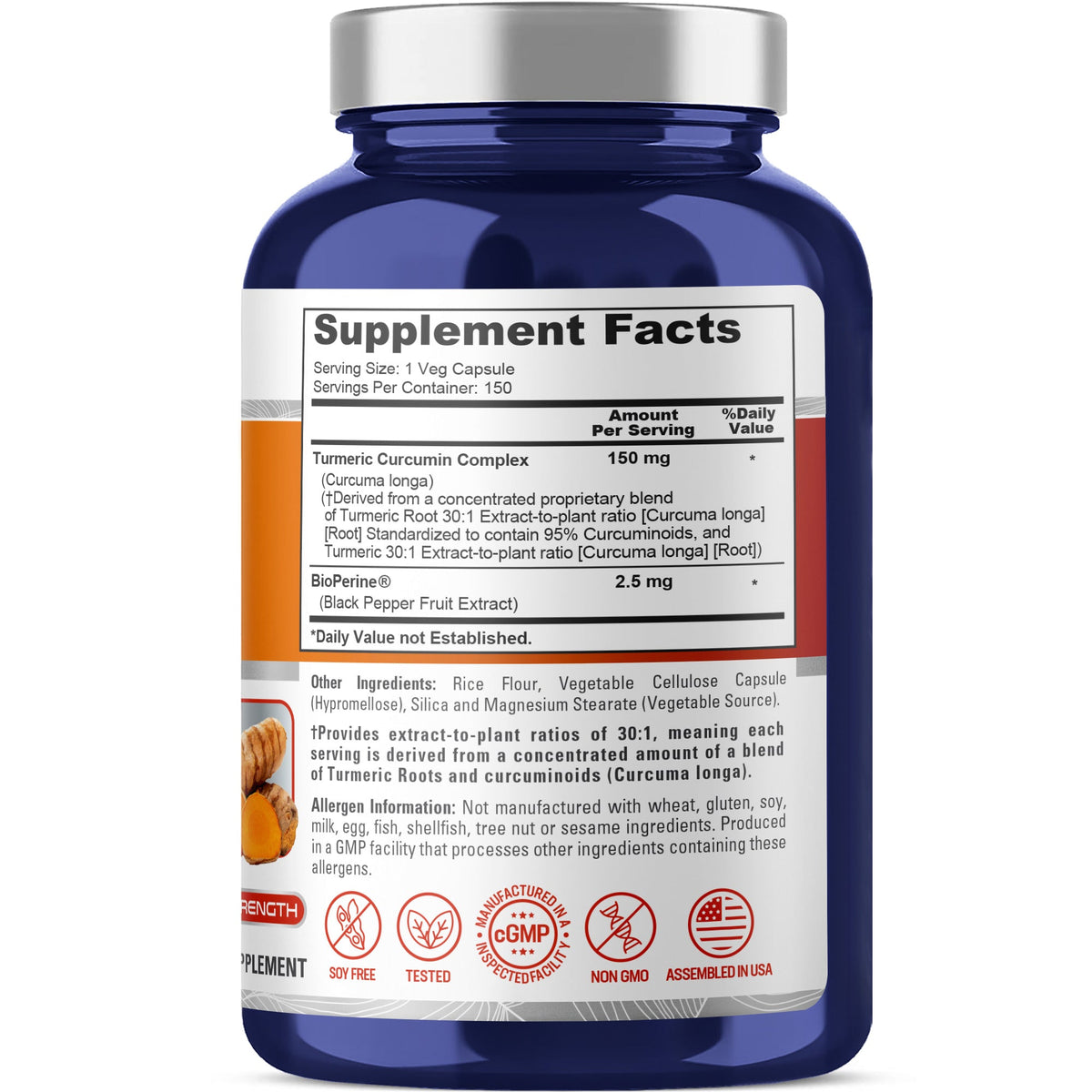 Supplement bottle with label showing 'Supplement Facts' on a white background. NusaPure Turmeric Curcumin Complex 150mg per caps, 150 caps, Non-GMO, Gluten-Free, & Bioperine