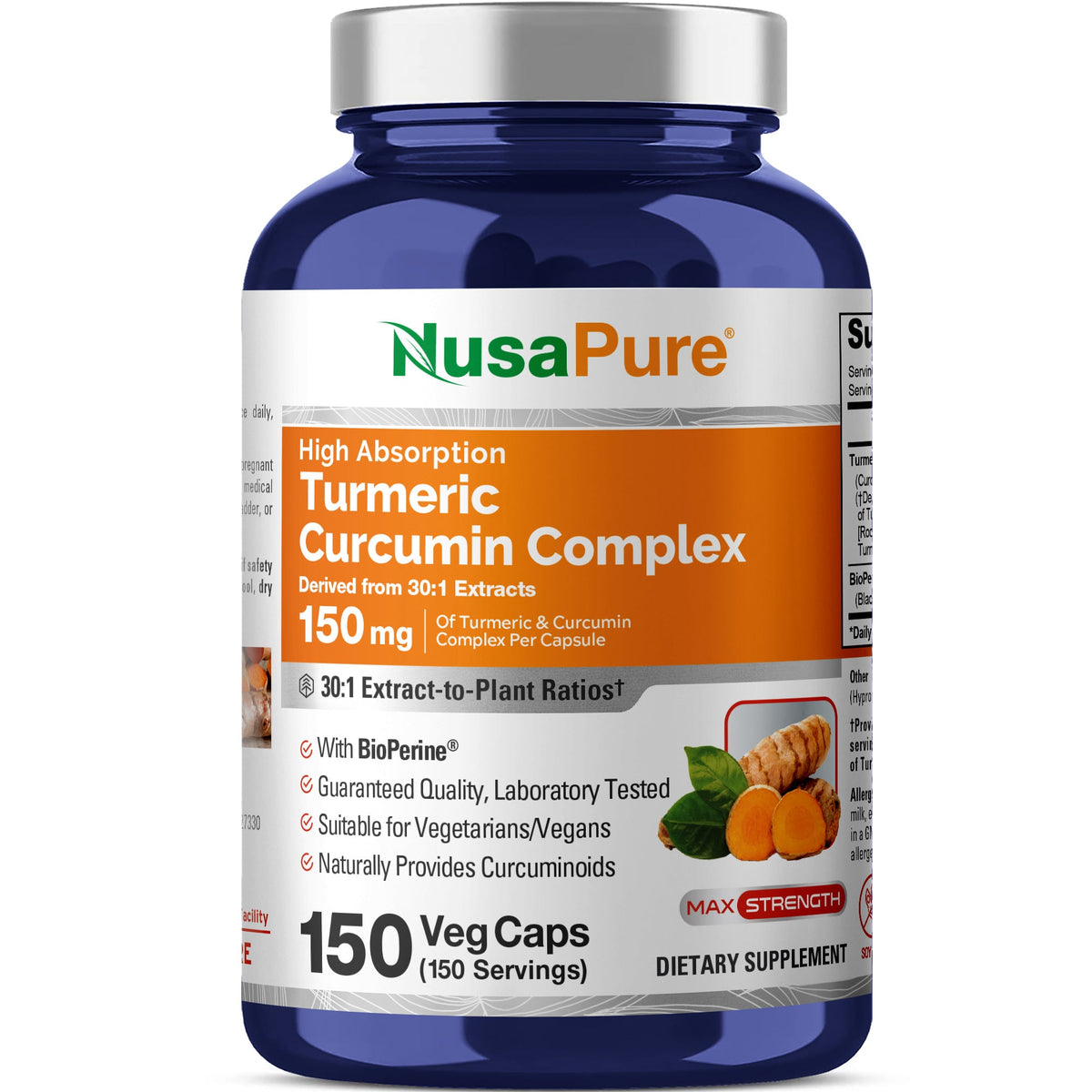 NusaPure Turmeric Curcumin Complex supplement bottle on a white background. NusaPure Turmeric Curcumin Complex 150mg per caps, 150 caps, Non-GMO, Gluten-Free, & Bioperine