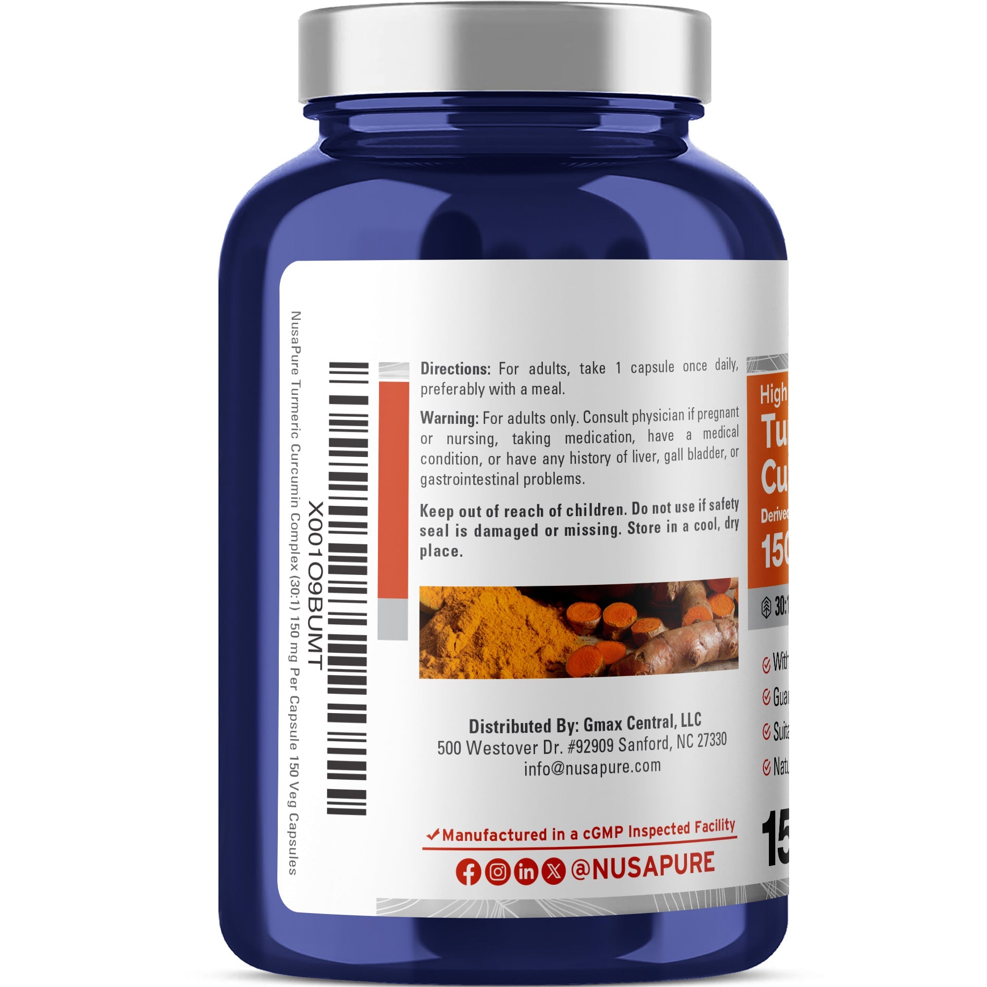 Blue supplement bottle with white label on a white background. NusaPure Turmeric Curcumin Complex 150mg per caps, 150 caps, Non-GMO, Gluten-Free, & Bioperine