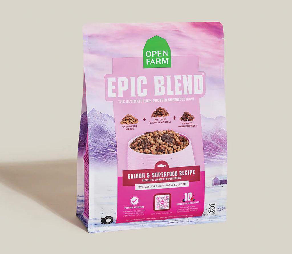 Open Farm Epic Blend dog food package on a beige background