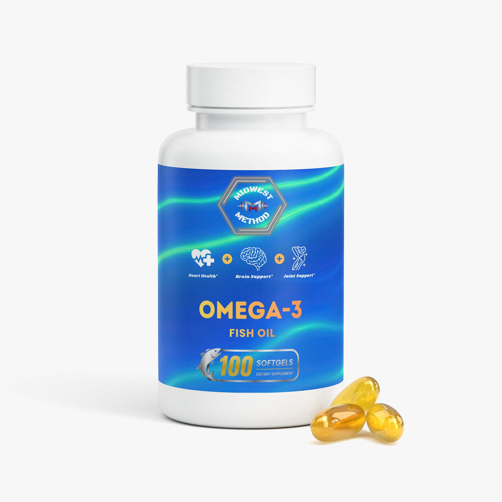 Omega-3 fish oil supplement bottle with capsules on a white background