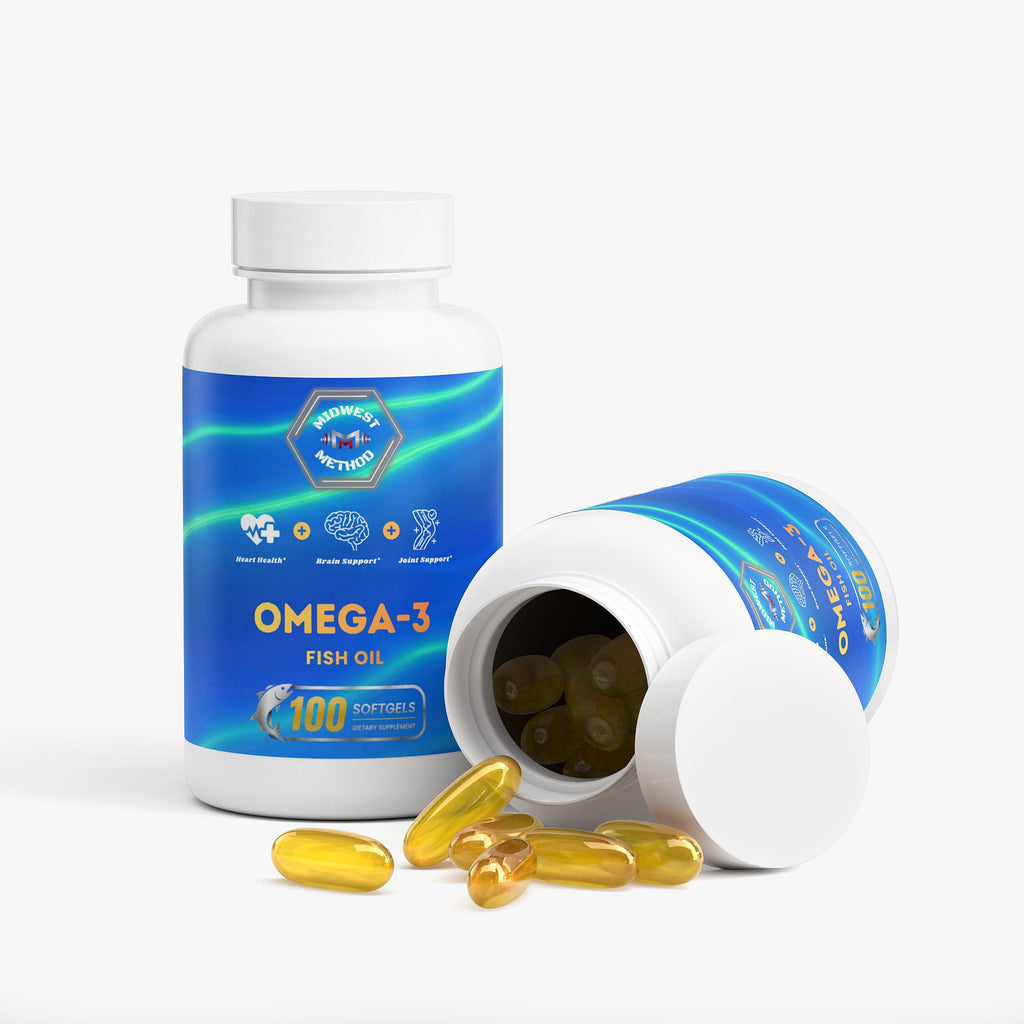 Omega-3 fish oil supplement bottle with capsules on a white background