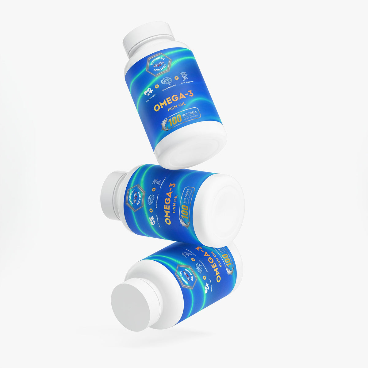 Three bottles of Omega-3 fish oil on a white background