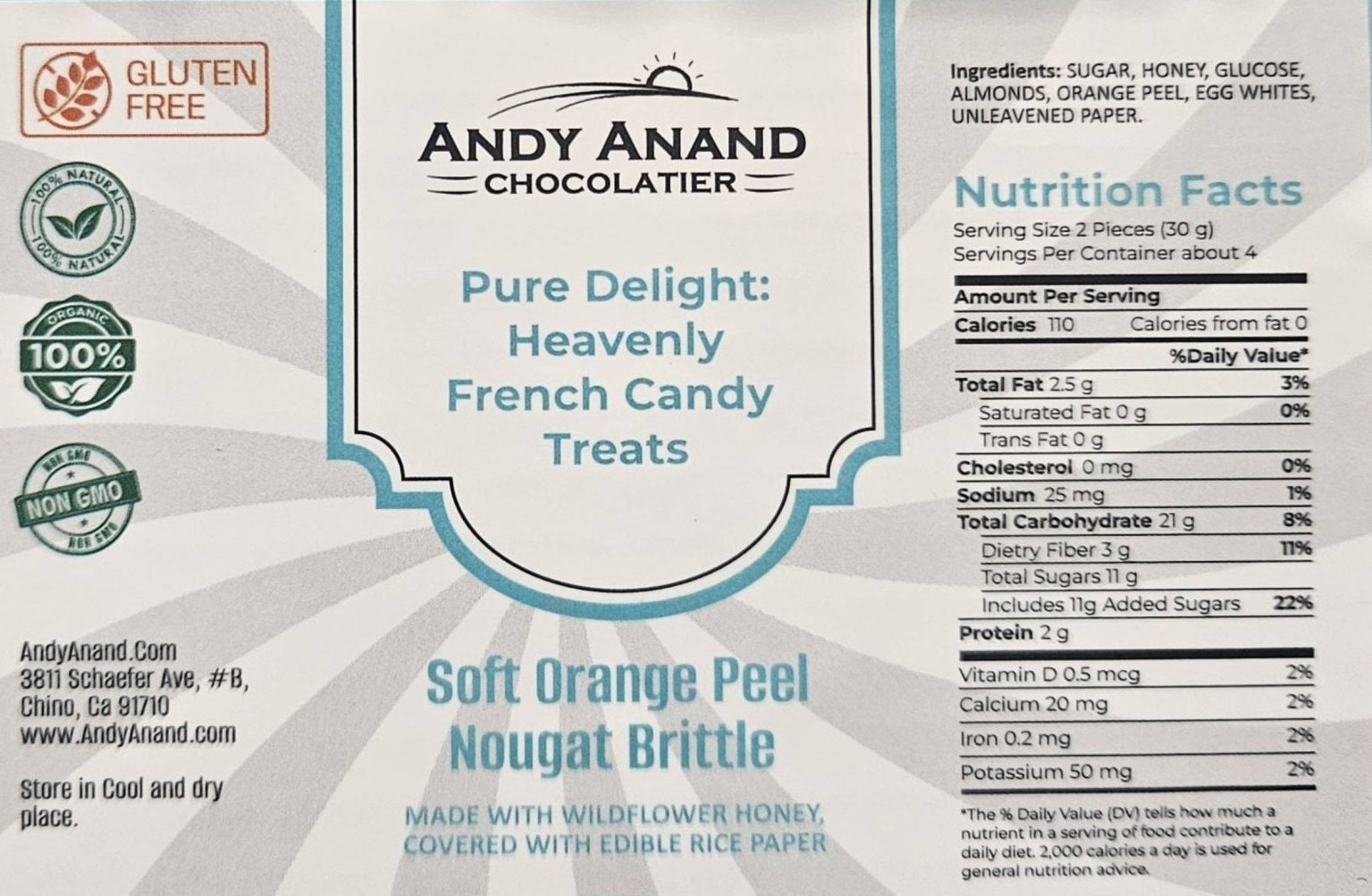 Andy Anand Orange Peel Nougat – Soft Almond & Wildflower Honey Brittle, Gluten-Free, Vegan, Dairy & Soy-Free Gourmet Snack, 7 Oz Box
