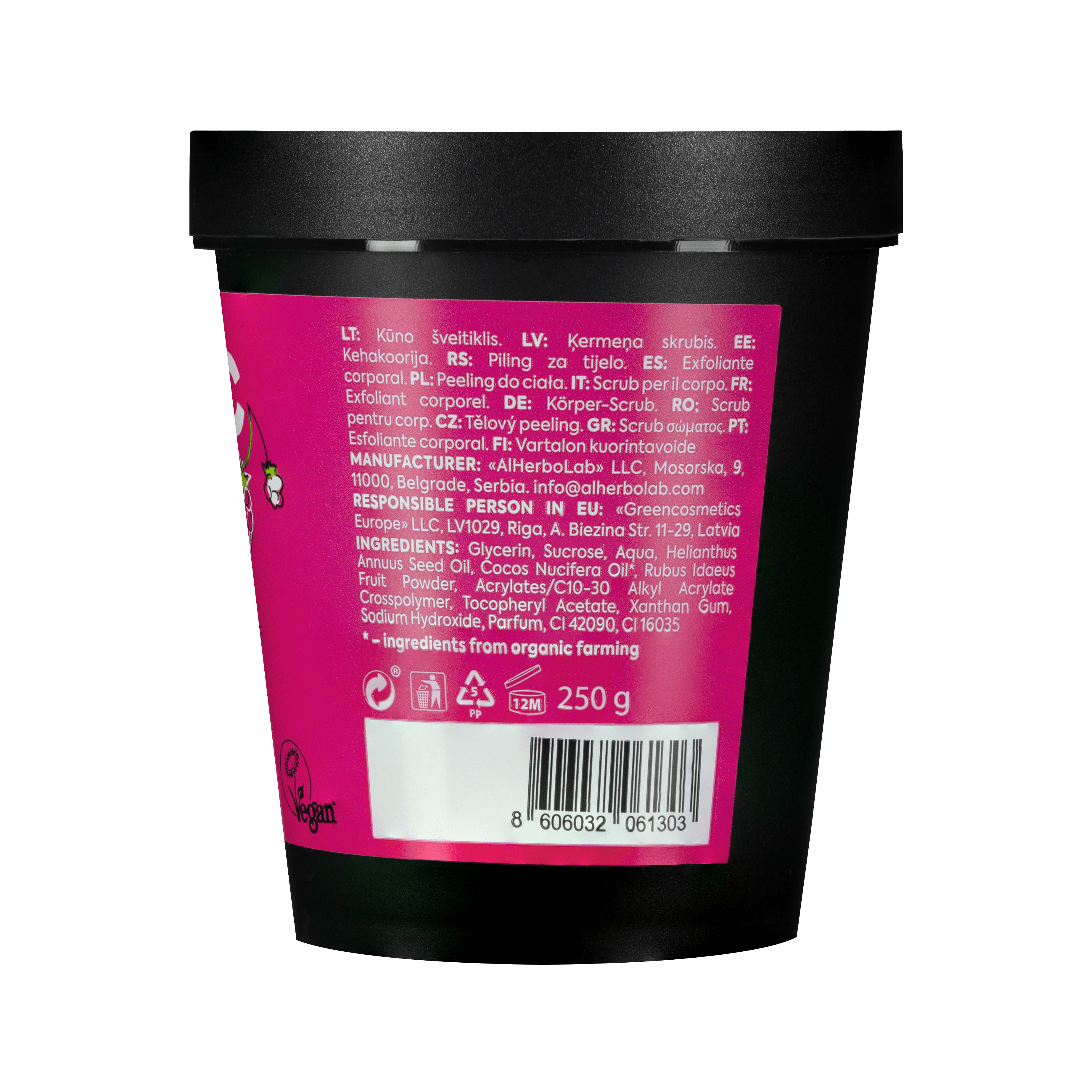 Organic Mimi, Body Scrub Jam Coconut & Raspberry, 250 g