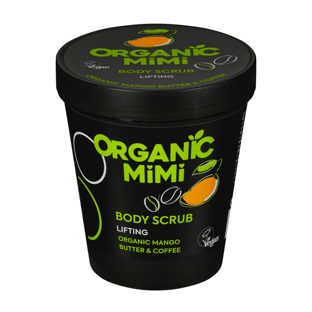Organic Mimi Lifting Mango & Coffee Body Scrub 250g, vegan exfoliating sugar and sea salt scrub with organic mango butter and coffee for smooth, firm, moisturized skin