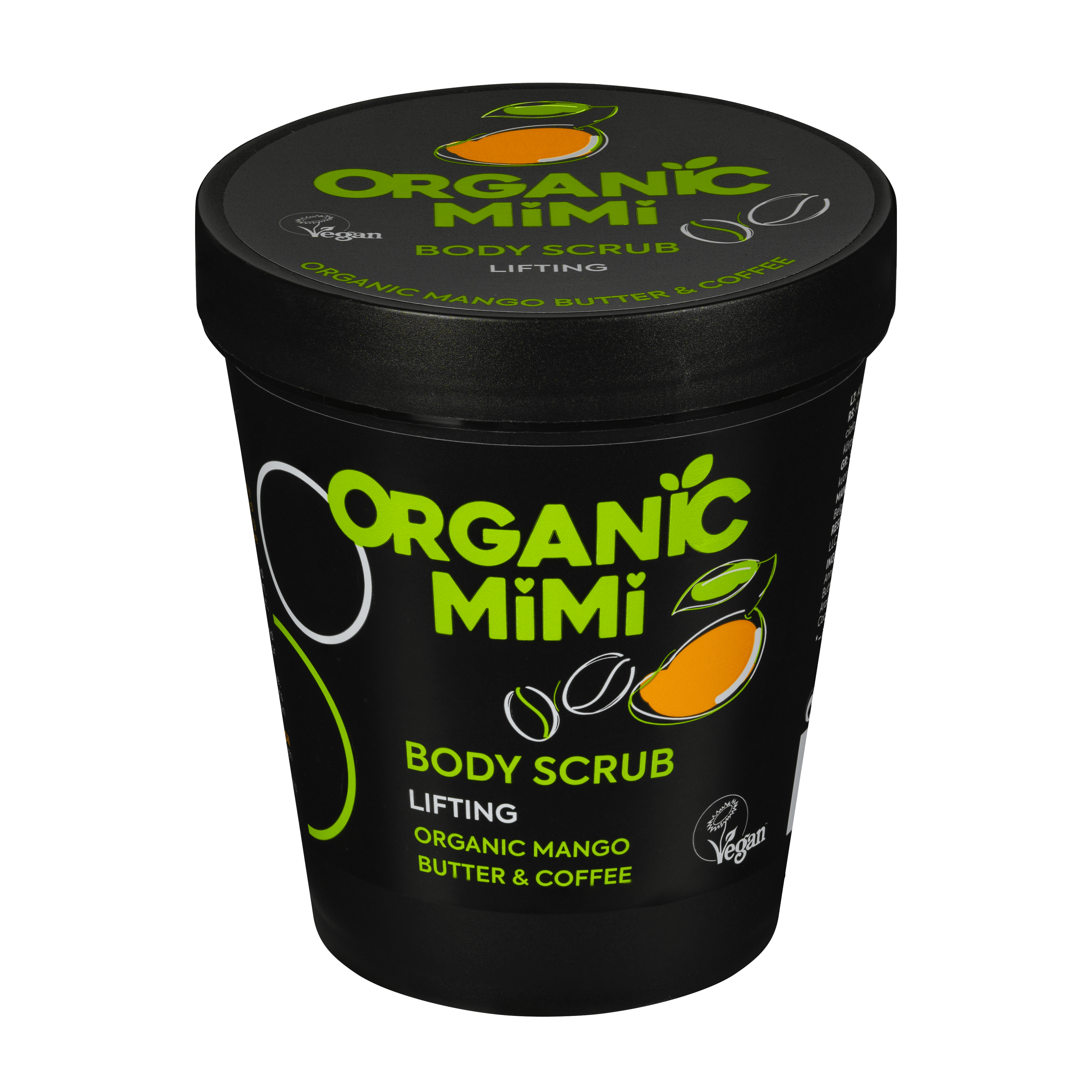 Organic Mimi Lifting Mango & Coffee Body Scrub 250g, vegan exfoliating sugar and sea salt scrub with organic mango butter and coffee for smooth, firm, moisturized skin