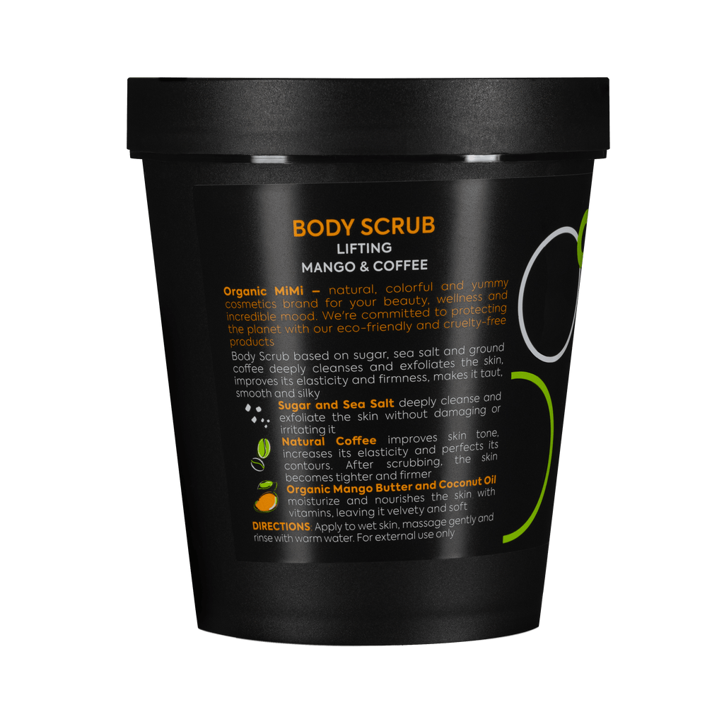 Organic Mimi Lifting Mango & Coffee Body Scrub 250g with sugar, sea salt, natural coffee, organic mango butter and coconut oil, vegan exfoliating body scrub for smooth, soft, moisturized and firmer-looking skin