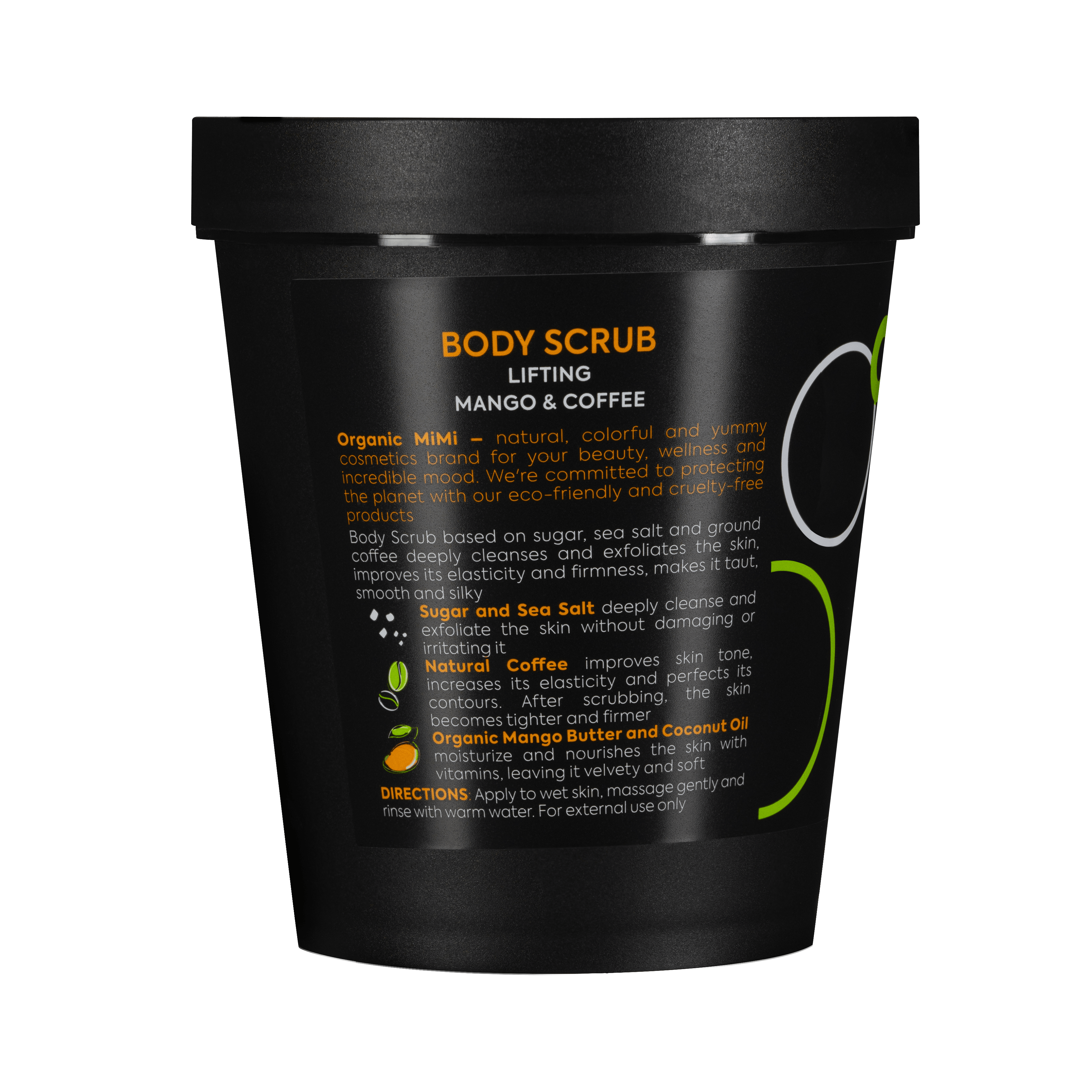 Organic Mimi Lifting Mango & Coffee Body Scrub 250g with sugar, sea salt, natural coffee, organic mango butter and coconut oil, vegan exfoliating body scrub for smooth, soft, moisturized and firmer-looking skin