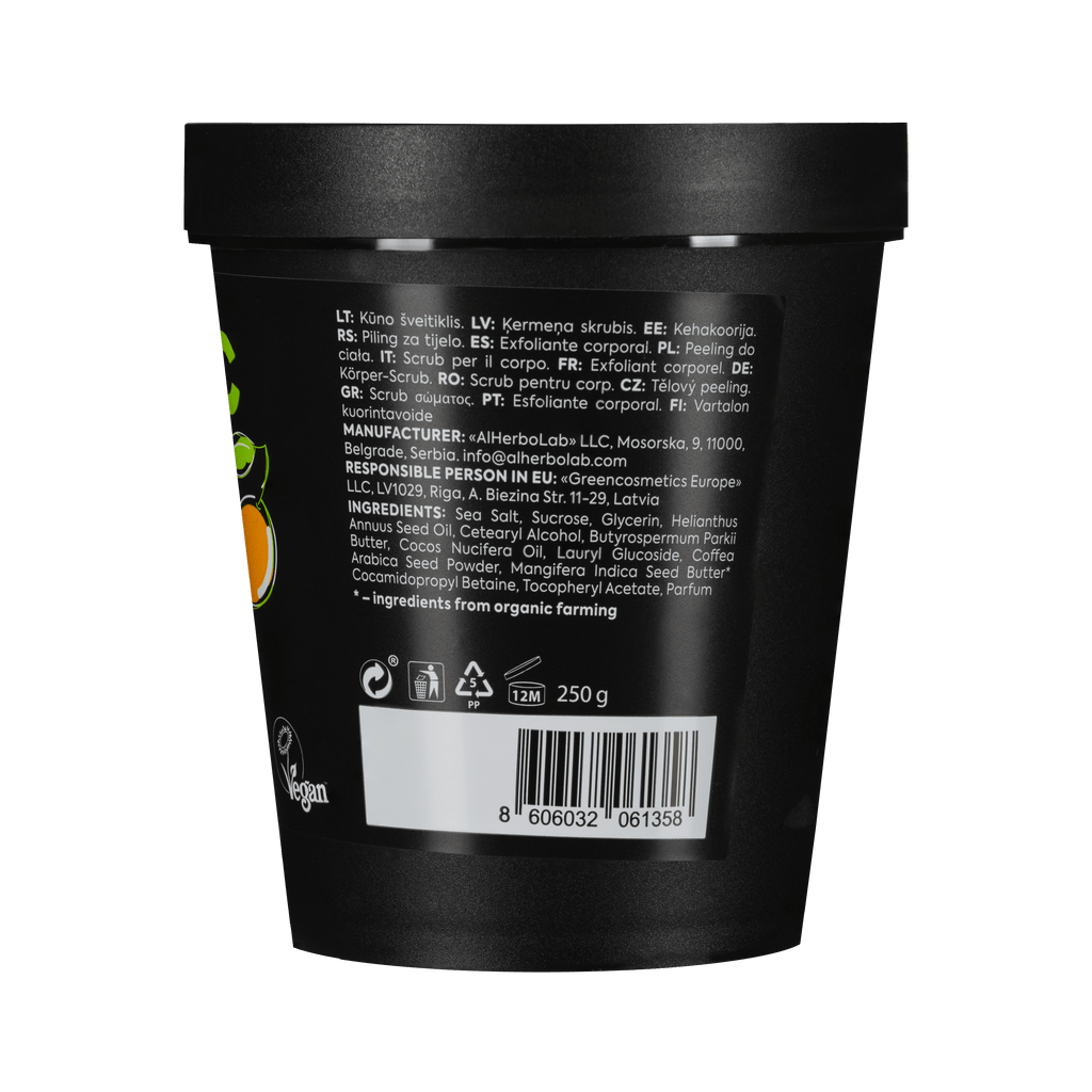 Organic Mimi Lifting Mango & Coffee Body Scrub 250g back label with ingredients, vegan formula, organic mango butter, coffee, sugar, sea salt and coconut oil for exfoliating, smoothing and moisturizing skin